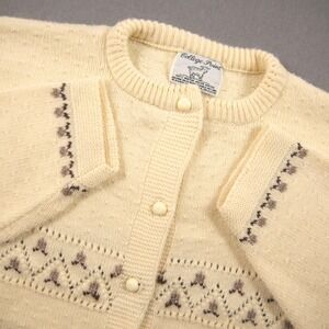 Vintage 70s USA Pointelle Fair Isle Knit Wool Women Cardigan L Sweater Coatal